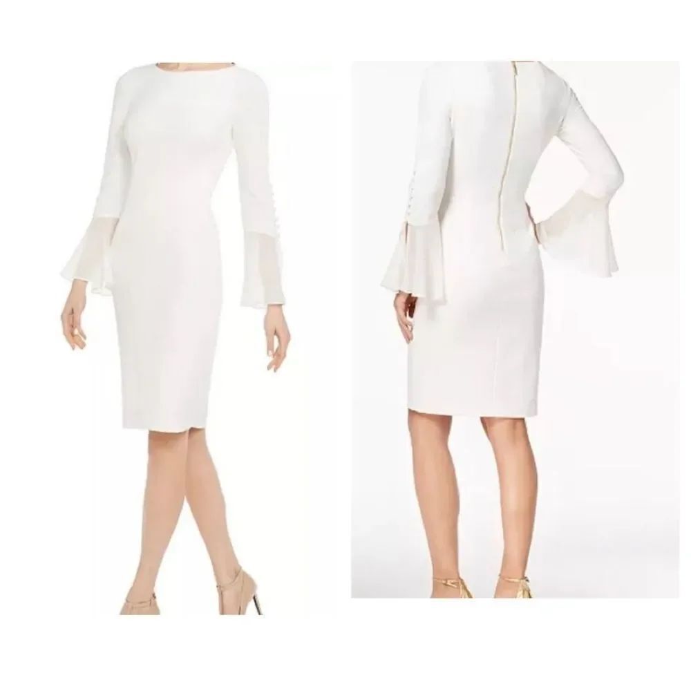 Calvin Klein Chiffon-Bell Sleeve with Pearls White Dress BEAUTIFUL Sz 6 Petite